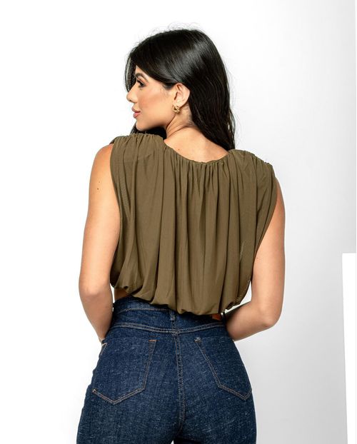 Blusa em Tule Cropped Feminina Ombreiras 90331 Verde