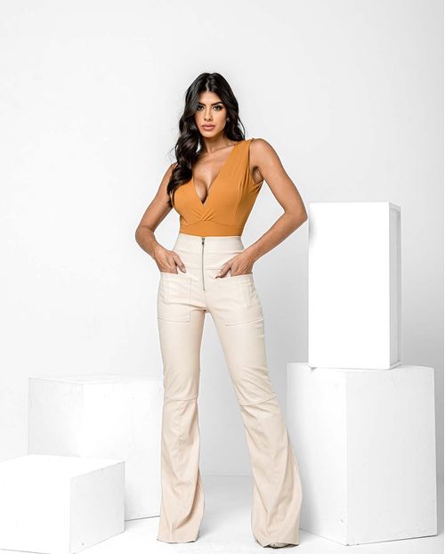 Calça Material Sintético Flare Feminina Cintura Alta 90337 Off White
