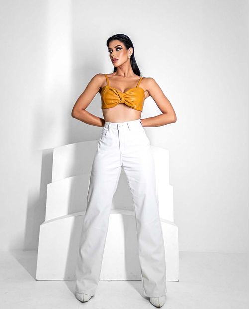 Calça Tecido Sintético Wide Leg Feminina Cintura Alta 22738 Off White