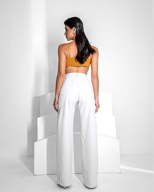 Calça Tecido Sintético Wide Leg Feminina Cintura Alta 22738 Off White