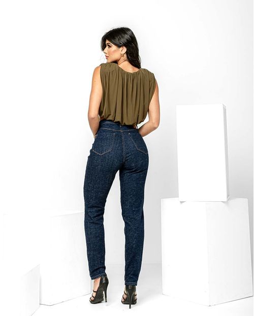 Calça Jeans Mom Feminina Cintura Alta Elastano 22757 Escura