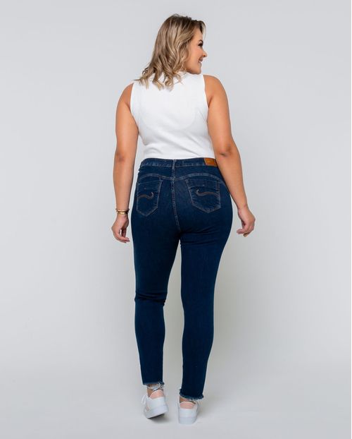 Calça Jeans Skinny Feminina Plus Size Cintura Alta Rasgos 22613 Escura