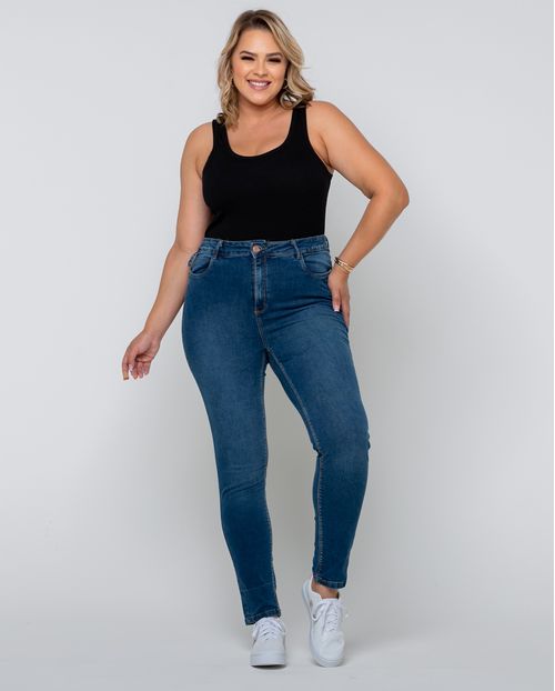 Calça Jeans Skinny Feminina Plus Size Cintura Alta Detalhe Cós 22615 Escura