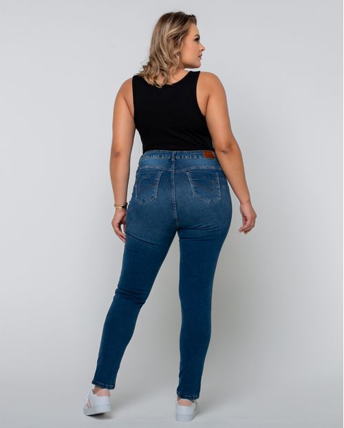 Calça Jeans Skinny Feminina Plus Size Cintura Alta Detalhe Cós 22615 Escura