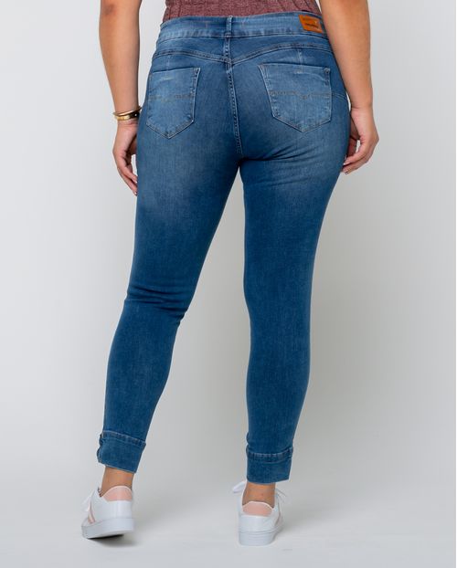 Calça Jeans Skinny Feminina Plus Size Cintura Alta Botões Barra 22280 Escura