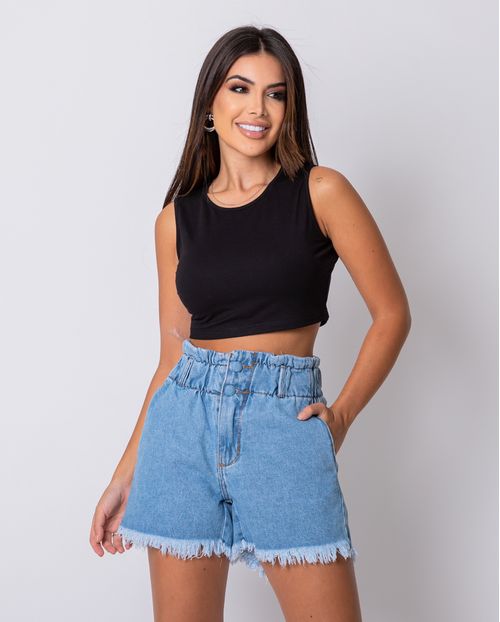 Shorts Feminino Jeans Mom Cós Largo de Elástico e Barra Desfiada    22349 Clara
