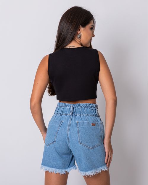 Shorts Feminino Jeans Mom Cós Largo de Elástico e Barra Desfiada    22349 Clara