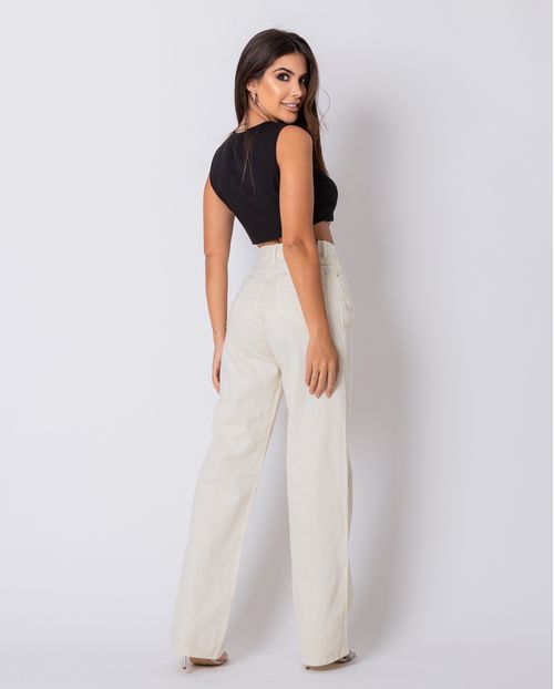 Calça Jeans Feminina Wide Leg Rasgada 29011 Creme