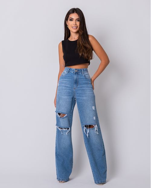 Calça Jeans Feminina Wide Leg com Rasgos Na Perna  22417 Média