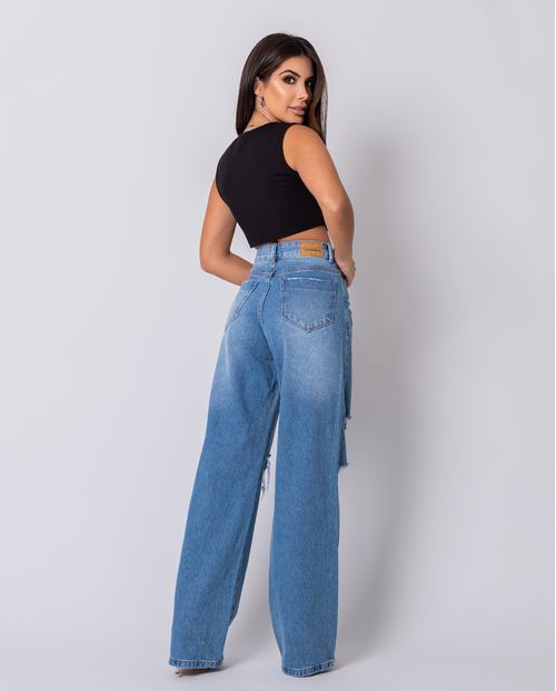 Calça Jeans Feminina Wide Leg com Rasgos Na Perna  22417 Média