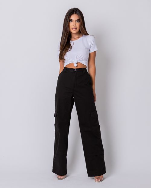 Calça Feminina Wide Leg com Bolso Cargo 22686 Preto