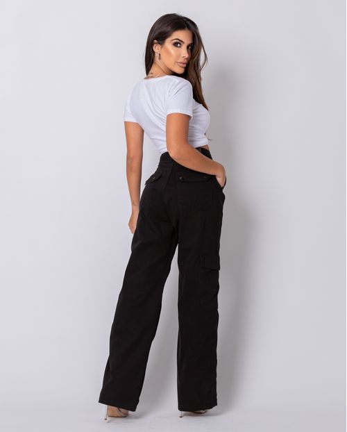 Calça Feminina Wide Leg com Bolso Cargo 22686 Preto