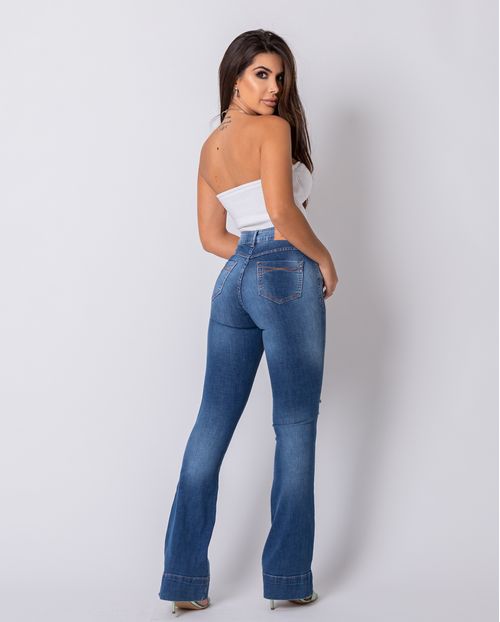 Calça Jeans Flare Feminina Cintura Alta Abertura Lateral 22376 Escura