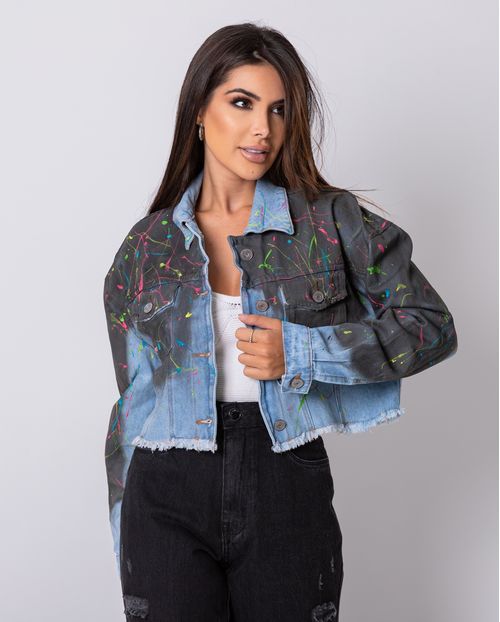 Jaqueta Jeans Feminina Cropped Pintada a Mão 00300 Unica