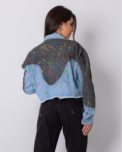 Jaqueta Jeans Feminina Cropped Pintada a Mão 00300 Unica