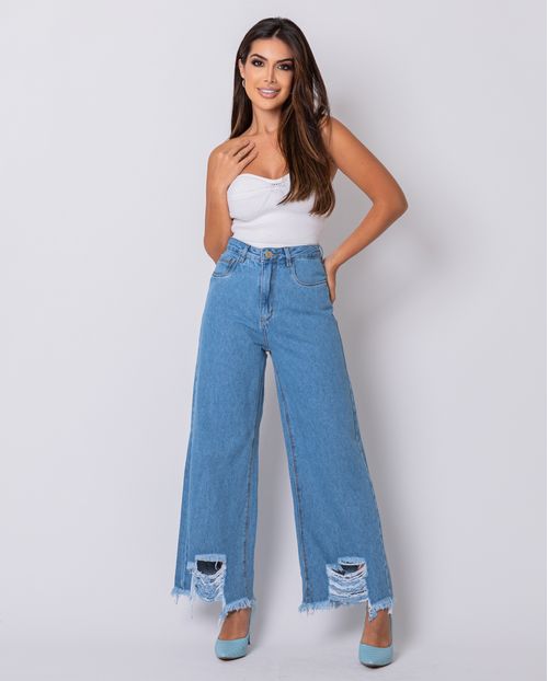 Calça Jeans Feminina Cropped Flare com Barra Desfiada 20183 Média