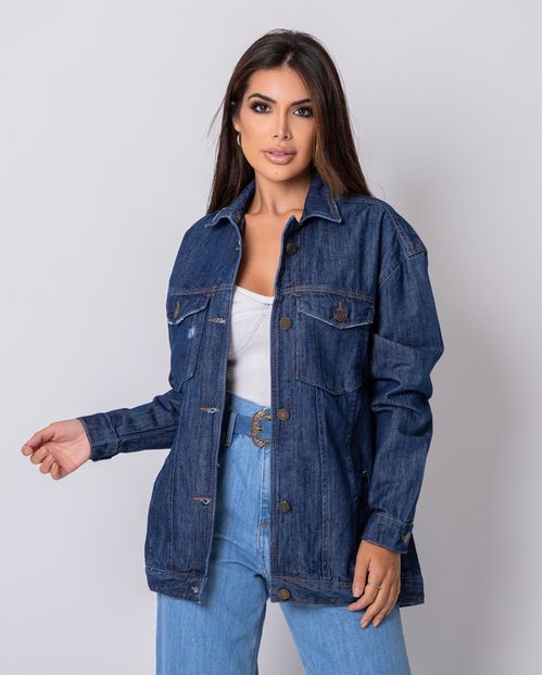 Jaqueta Jeans Feminina Oversize com Puídos 20648 Unica