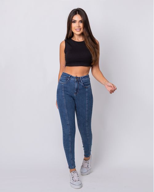 Calça Jeans Feminina  Intermediaria com Nervura Frontal Na Perna  21013 Escura