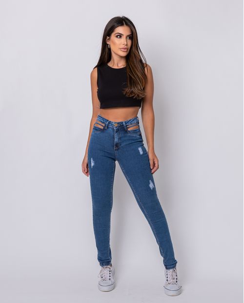 Calça Jeans Feminina Skinny Intermediaria com Cut Out Abaixo do Cós  22035 Média