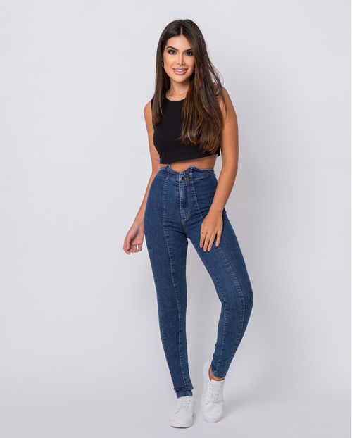 Calça Jeans Skinny Hot Pants Feminina Cintura Alta com Cós Diferenciado 22219 Escura