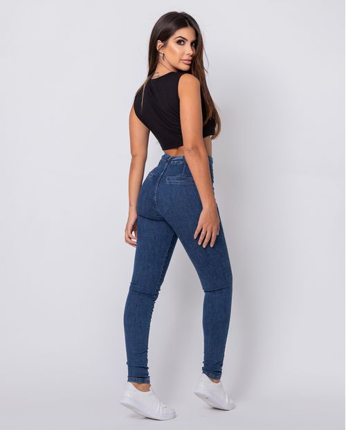 Calça Jeans Skinny Hot Pants Feminina Cintura Alta com Cós Diferenciado 22219 Escura