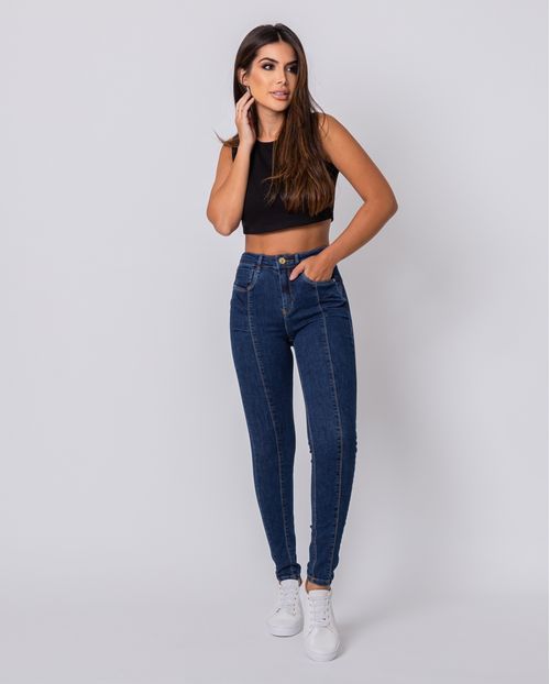 Calça Jeans Feminina Intermediaria com Recorte Frontal e Pregas  22183 Escura