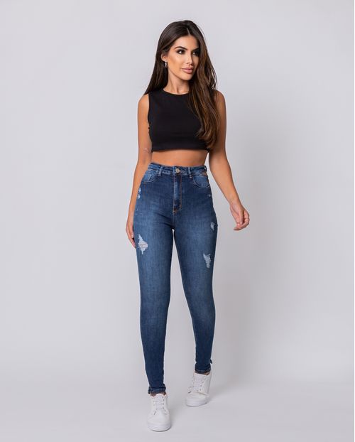Calça Jeans Feminina Hot com Cós Vazado e Abertura Lateral Na Barra    22102 Escura