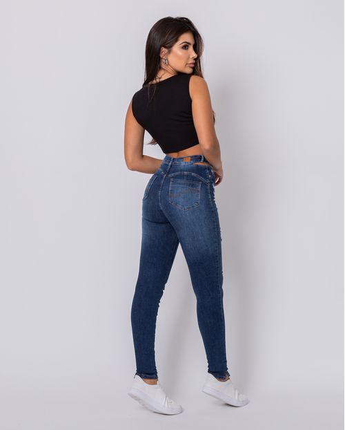 Calça Jeans Feminina Hot com Cós Vazado e Abertura Lateral Na Barra    22102 Escura