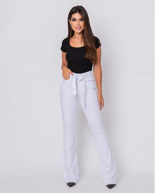 Calça Feminina Flare com Cinto do Proprio Tecido Para Amarração  22511 Branco