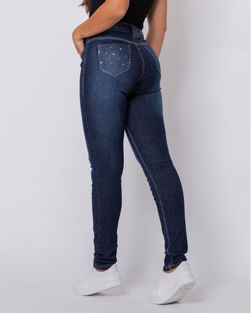 Calça Jeans Feminina Intermediaria com Silicone  e Strass Nos Bolsos    22099 Escura