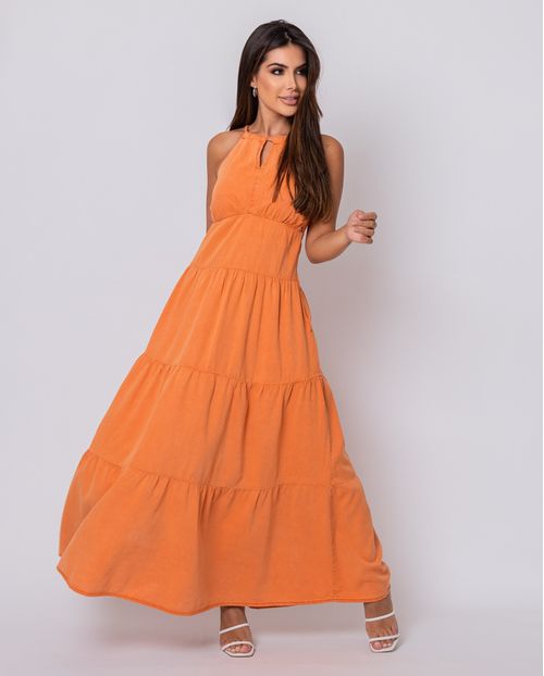 Vestido Feminino Longo Zíper Lateral 22091 Laranja