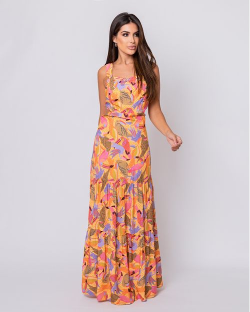 Vestido Feminino Longo de Viscose com Amarração Traseira 90200 Est Tucano Laranja