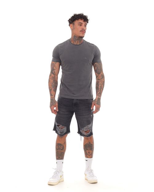 Bermuda Jeans Masculina com Rasgo e Barra Desfiada  21633 Preto