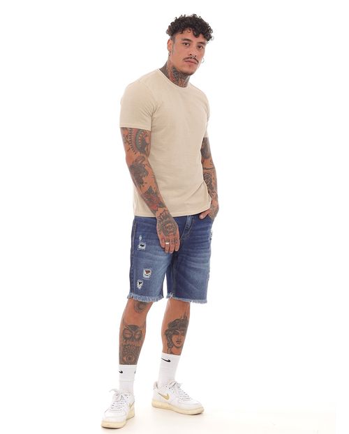 Bermuda Jeans Masculina com Rasgo e Barra Desfiada  21633 Escura