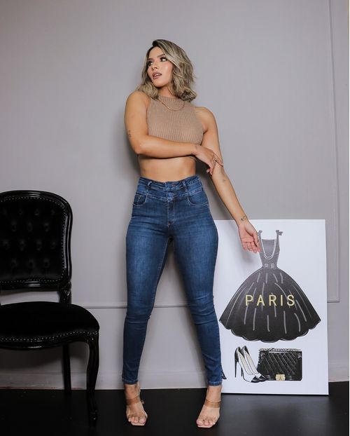 Calça Jeans Skinny Feminina Cintura Média Cós Duplo 22810 Escura