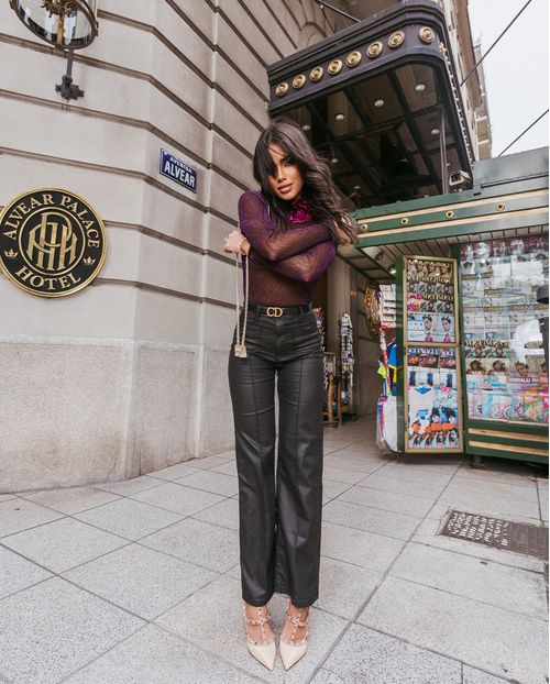 Calça Sarja Wide Leg Feminina Cintura Alta Resinada 22866 Preto
