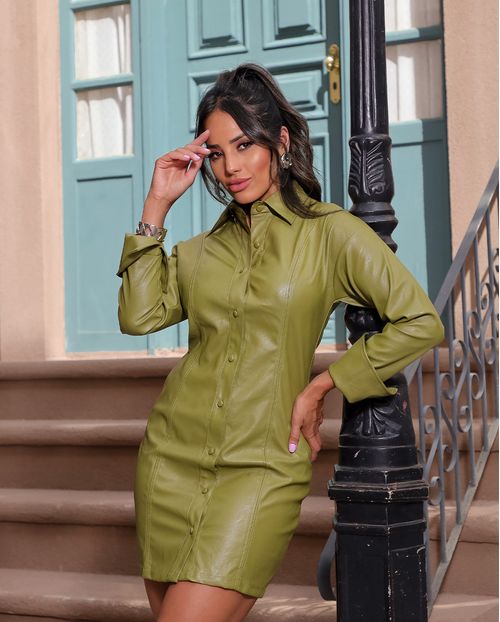 Vestido Material Sintético Feminino Manga Longa 90450 Verde Militar