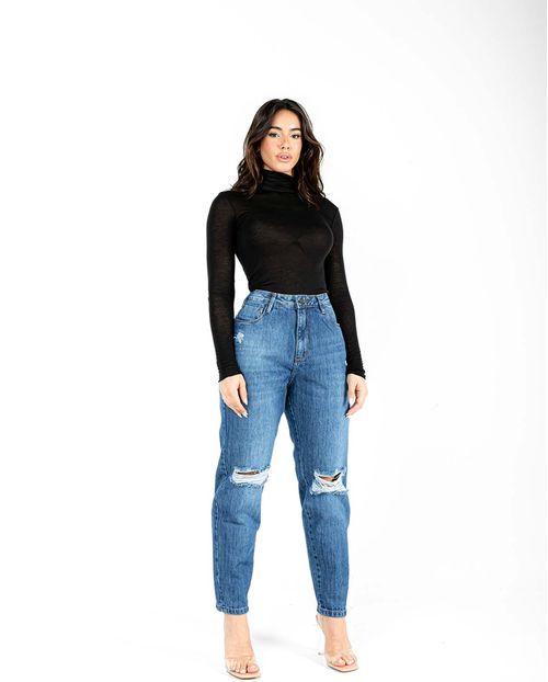 Calça Jeans Mom Feminina Cintura Alta Rasgos 22655 Média