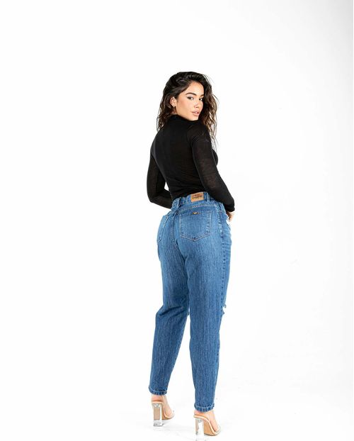 Calça Jeans Mom Feminina Cintura Alta Rasgos 22655 Média