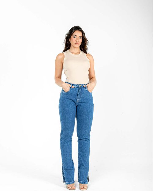 Calça Jeans Wide Loose Feminina Cintura Alta Abertura Barra 22826 Média