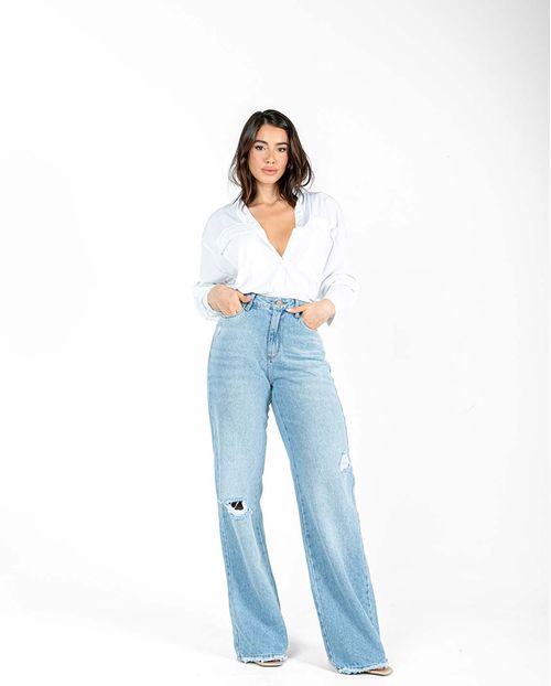 Calça Jeans Wide Leg Feminina Cintura Alta Rasgos 22971 Clara