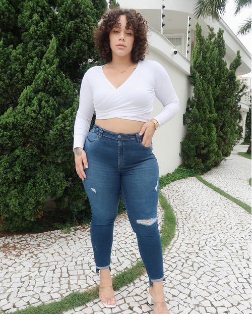 Calça Jeans Skinny Plus Size Feminina Cintura Alta Barra Mullet 22908 Escura