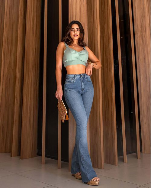 Calça Jeans Flare Feminina Cintura Média Extreme Power Barra No Fio 22303 Média