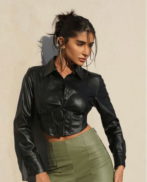 Camisa Material Sintético Cropped Feminina Manga Longa 90464 Preto