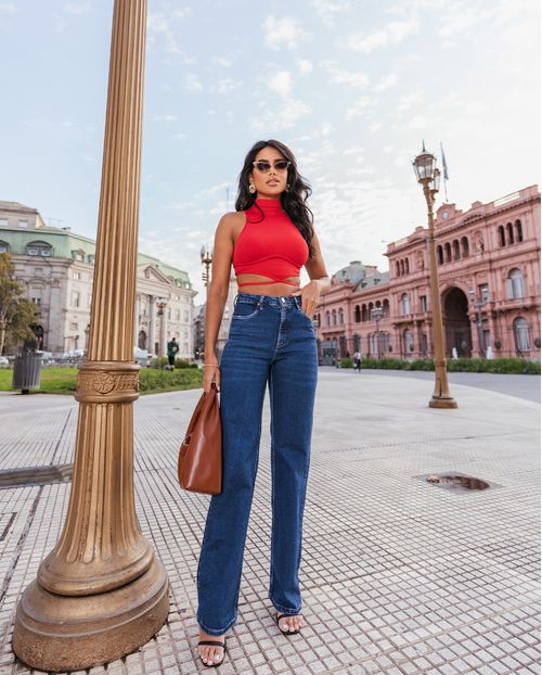 Calça Jeans Wide Leg Feminina Cintura Alta Elastano 22827 Escura