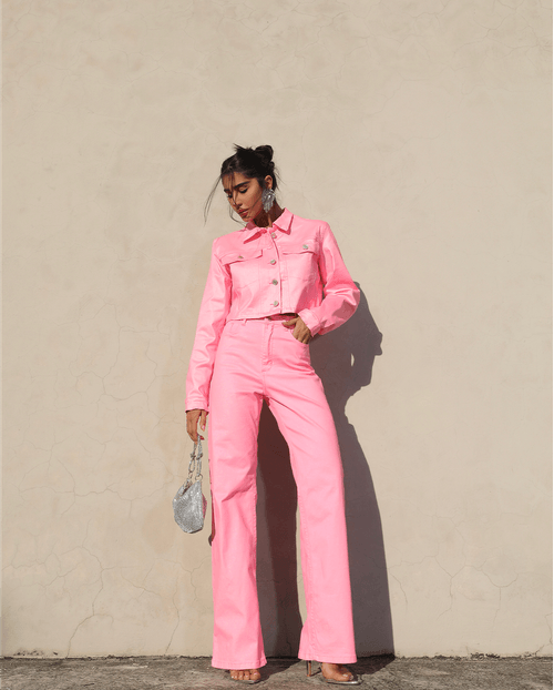Calça Sarja Resinada Wide Leg Feminina Cintura Alta Color 22752 Pink