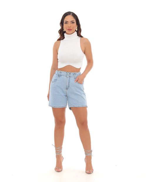 Shorts Feminino Jeans Mom Cós Largo de Elástico  e Abertura Lateral Na Barra  22381 Clara