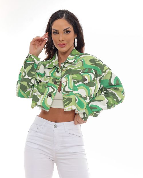 Jaqueta Feminina Cropped Oversize com Barra Desfiada  22525 Estampado Verde