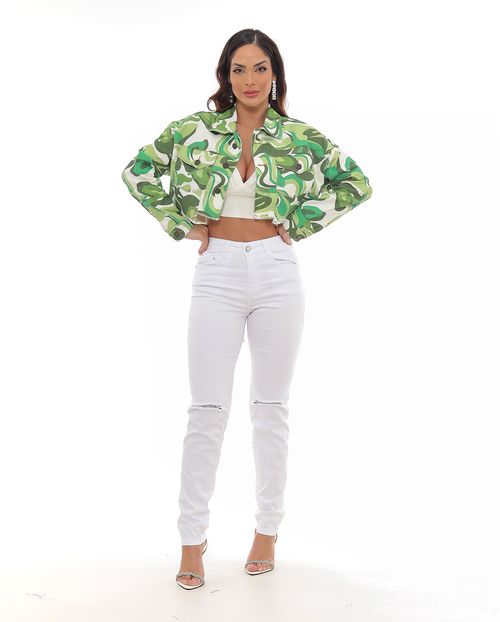 Jaqueta Feminina Cropped Oversize com Barra Desfiada  22525 Estampado Verde