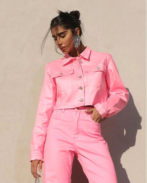 Jaqueta Sarja Resinada Cropped Feminina Color 22751 Pink